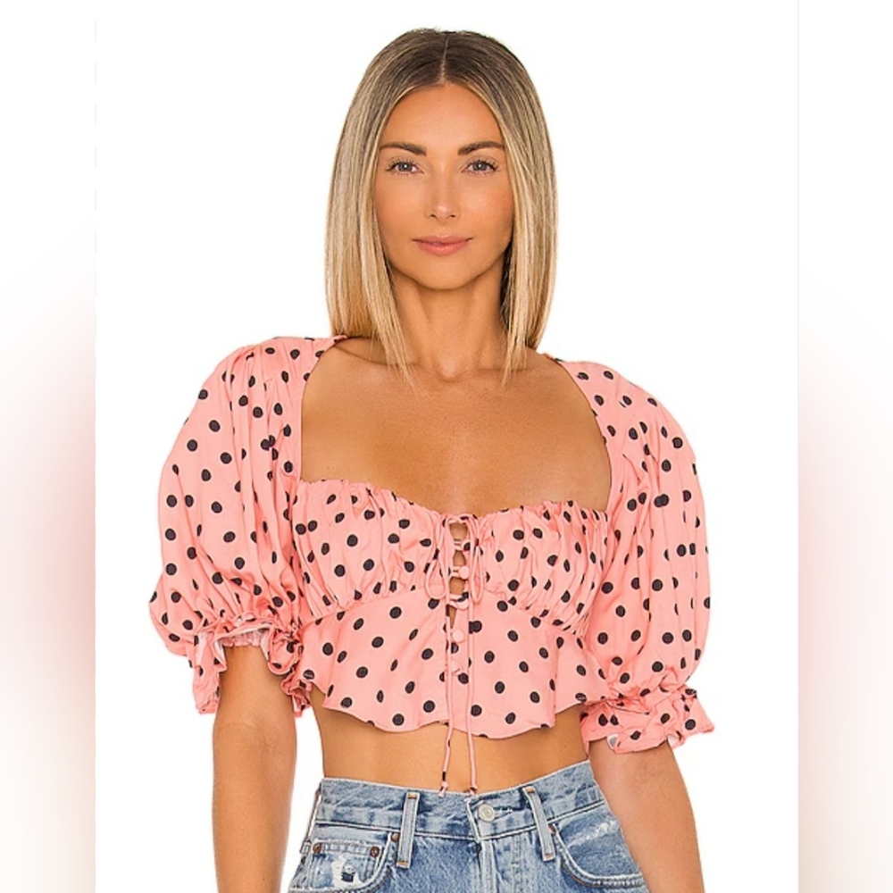 For Love & Lemons Keeley Crop Top Pink w/Navy Blue Polka Dots size Large